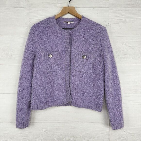 Maje‎ Purple Cardigan Size 1 Small Lurex Knit Pearl Cluster Buttons Ballet Core - Picture 2 of 16